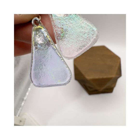 Iridescent recycled glass triangular sterling silver dangle earrings whimsical - Picture 2 of 11